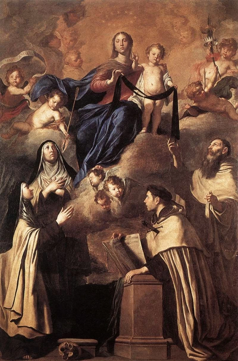Nostra Signora del Monte Carmelo consegna lo scapolare dell'ordine ai santi Simone Stock, Angelo di Gerusalemme, Maria Maddalena de' Pazzi e Teresa d'Avila - Museo Diocesano, Palermo
